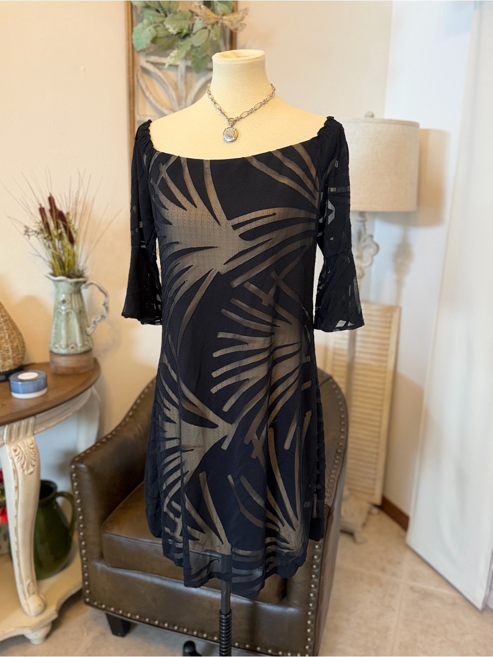 Black Sheer Overlay off shoulder Dress